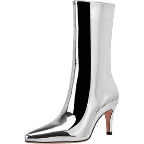 Women's Silver Metallic Ankle Boots Mirror Effect Boots Pointed Toe Stiletto Booties Side Zipper Shiny Booites