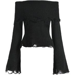 SOLY HUX Women's Ripped Sweaters Off Shoulder Bell Long Sleeve Pullover Tops