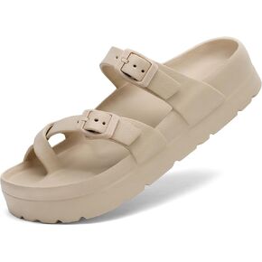 Womens Platform Sandals Adjustable Buckle Summer Arch Support Cushion Slides Woman Lightweight Thick Soles Flat Shoes