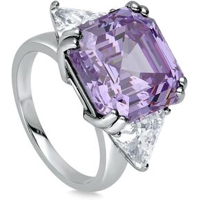BERRICLE Sterling Silver 3-Stone Purple Asscher Cut Cubic Zirconia CZ Statement Cocktail Fashion Anniversary Ring for Women, Rhodium Plated Size 4-10