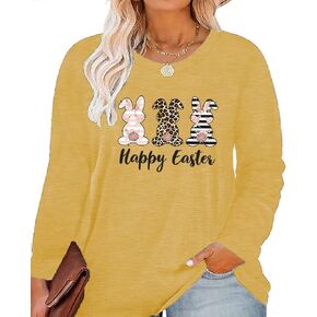 GeLivable Plus Size Happy Easter Funny Cute Bunny Rabbit Graphics Print Shirt Women Long Sleeve Tops