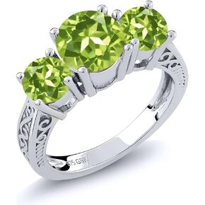 Gem Stone King 925 Sterling Silver Round Green VS Peridot 3 Stone Ring For Women (2.35 Cttw, Gemstone Birthstone, Available In Size 5, 6, 7, 8, 9)