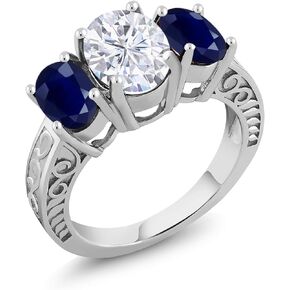 Gem Stone King 925 Sterling Silver 3-Stone Ring Near Colorless Oval 4.10cttw Moissanite and Sapphire