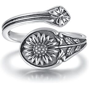 925 Sterling Silver Spoon Ring - Vintage Adjustable Butterfly Sunflower Sun SkullSpoon Rings for Women Flower Wide Thumb Ring