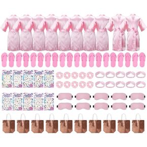 30 Pieces Favors Slumber Spa Party Birthday Girl Silky Robe with Eye Masks Bow Veil Toe Separators Colored Ribbons