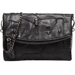 Sibalasi-Women Colorblock جلد الخراف متعدد الألوان حقيبة كروسبودي حقيبة يد سوداء هالوين الجمجمة مرصعة المحفظة in Kuwait