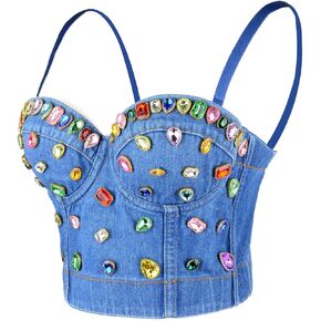 ELLACCI Women's Diamond Denim Bustier Crop Top Jean Corset Top Bra