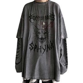 Gothic T-Shirt Cat Head Print Fake Wwo-Piece T-Shirt Y2K Couple Long-Sleeved T-Shirt Harajuku Long-Sleeved T-Shirt