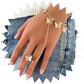 Zeshimb Boho Butterfly Ring Bracelet Hand Chain Gold Butterflies Hand Chain Bracelet Tiny Butterfly Finger Ring Bracelet Vintage Slave Hand Harness Bracelet Jewelry for Women Girls