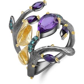 Kemstone Natural Amethyst Gemstones Rings Butterfly Design Sterling Silver Ring,Gold and Black Plating