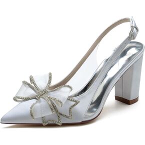 HKMFLYY Women's Pointed Toe Wedding Shoes for Bride Block Heels Slingback Ankle Strap Satin Bridal Shoes High Heels Prom Party Dress Shoes Pumps