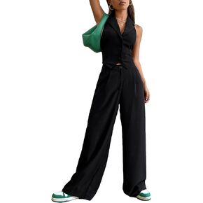 Floerns Women's 2 Piece Outfit Button Front Waistcoat with Wide Leg Pants Set