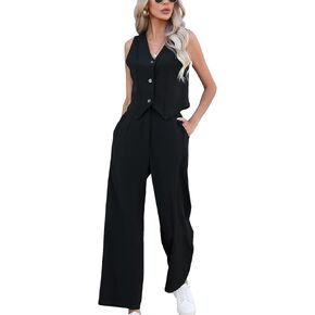 Floerns Women's 2 Piece Outfit Button Front Waistcoat with Wide Leg Pants Set