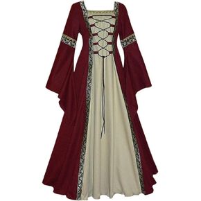 Women's Renaissance Medieval Costume Dress Lace up Irish Over Long Dresses Cosplay Retro Gown 2pcs Set
