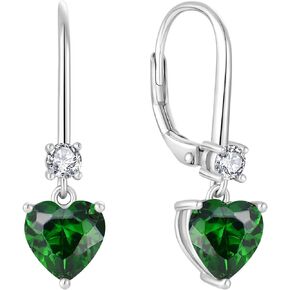 PYNZY Heart Dangle Drop Earrings, 925 Sterling Silver Earrings with Birthstones for Women Leverback Jewelry for Gifts
