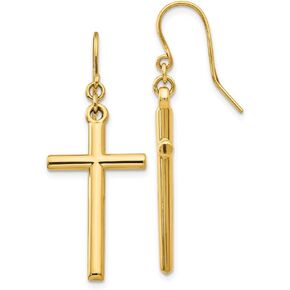 14K Yellow Gold Cross Shepherd Hook Dangle Earrings