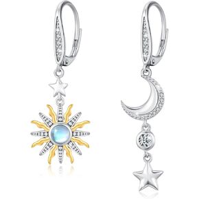 Sun and Moon Earrings S925 Sterling Silver Moonstone Earrings Sun Moon Star Sunburst Dangle Leverback Earrings Space Jewelry for Women Girls