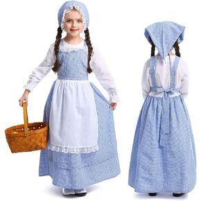 Taenjooy Pioneers Costume Dress For Girls Colonial Prairie Dress Halloween School Party Dress Up Full Set Blue