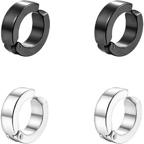 2 Pairs Black Silver Cuff Earrings for Men's Women Punk Rock Stainless Steel Circle Round Shape Design Hoop Earrings