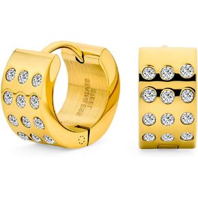 Unisex Channel Set 3 Row Cubic Zirconia CZ K-pop Wide Mini Hoop Huggie Earrings For Men For Women Silver Black, Rose Yellow Gold Plated Steel Stainless