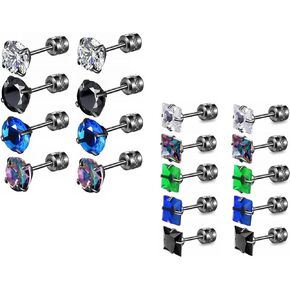 9 Pairs Tianium Screw Back Surgical Stainless Steel Stud Earrings for Women Men