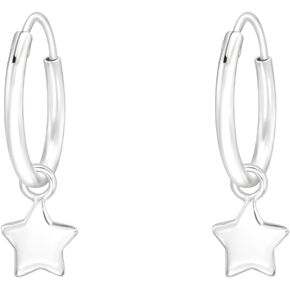 925 Sterling Silver Dangling Star 12mm Hoop Earrings, Sold as a Pair
