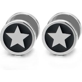 Steel Mens Women Circle Stud Earrings with Pentagram Star, Cheater Fake Ear Plugs Gauges, 2 pcs