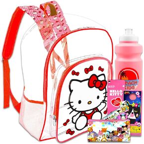 Hello Kitty Clear Backpack - Bundle with Hello Kitty Backpack for Girls 16 Inch Plus Water Bottle, Stickers, More | Transparent Hello Kitty Backpack for Kids School Supplies