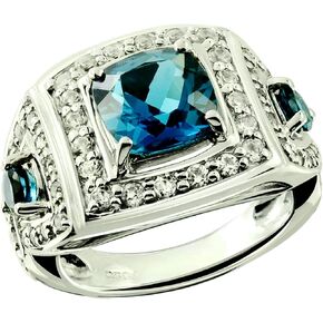 Sterling Silver 925 Statement Ring Genuine Gemstone Cushion 8 mm, Rhodium-Plated Finish, Art Deco
