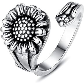 Vintage Silver Spoon Ring, Victorian Boho Flower Spoon Rings for Women, Adjustable Wrap Around Open Ring Statement Jewelry