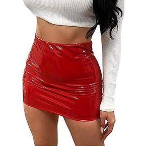 Women's Neon Leather Mini Skirt PU Bodycon Pencil Sexy Slim High Waist Elastic Pencil Latex Skirt Party Clubwear