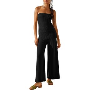 Tankaneo Women's 2 Piece Outfits Knit Strapless Tops High Waist Wide Leg Pants Sets Y2k Matching Sets