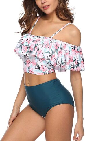 High Waisted Flounce Bikini Set,Tummy Control Swimsuits for Women Two Piece,Off Shoulder Bathing Suit in Saudi Arabia