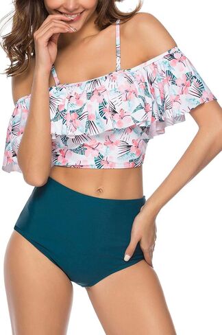 High Waisted Flounce Bikini Set,Tummy Control Swimsuits for Women Two Piece,Off Shoulder Bathing Suit in Saudi Arabia