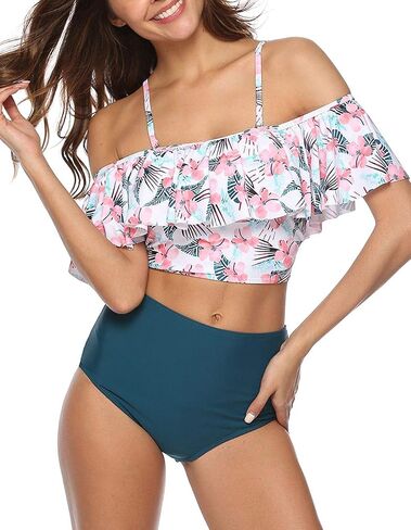 High Waisted Flounce Bikini Set,Tummy Control Swimsuits for Women Two Piece,Off Shoulder Bathing Suit in Saudi Arabia