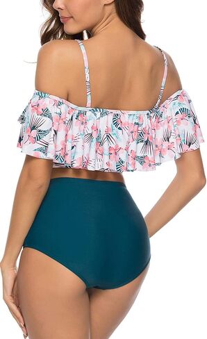 High Waisted Flounce Bikini Set,Tummy Control Swimsuits for Women Two Piece,Off Shoulder Bathing Suit in Saudi Arabia