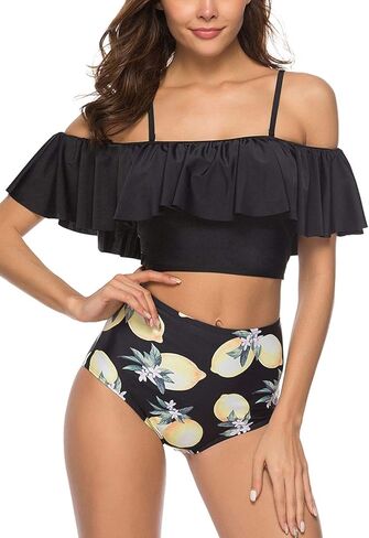 High Waisted Flounce Bikini Set,Tummy Control Swimsuits for Women Two Piece,Off Shoulder Bathing Suit in Saudi Arabia
