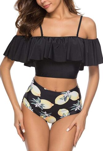High Waisted Flounce Bikini Set,Tummy Control Swimsuits for Women Two Piece,Off Shoulder Bathing Suit in Saudi Arabia