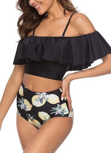 High Waisted Flounce Bikini Set,Tummy Control Swimsuits for Women Two Piece,Off Shoulder Bathing Suit in Saudi Arabia