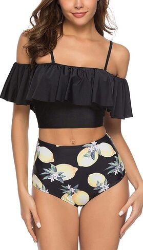 High Waisted Flounce Bikini Set,Tummy Control Swimsuits for Women Two Piece,Off Shoulder Bathing Suit in Saudi Arabia