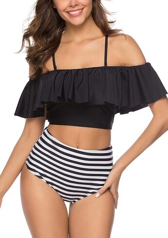 High Waisted Flounce Bikini Set,Tummy Control Swimsuits for Women Two Piece,Off Shoulder Bathing Suit in Saudi Arabia