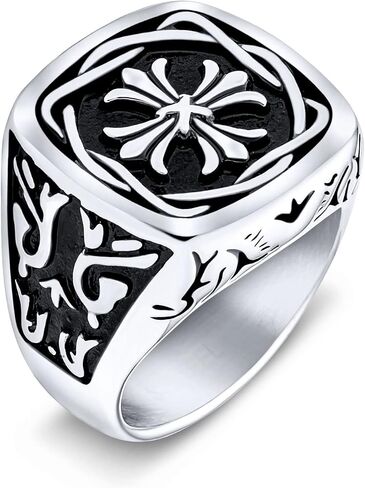 Bling Jewelry Personalize Large Statement Medieval Men's Religious Ancient Viking Maltase Fleur De Lis Cross Square Signet Band Ring For Men Oxidized Silver Tone Stainless Steel in Saudi Arabia