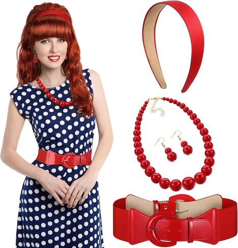 Jutom 5 Pcs Halloween 60s Costume Accessories Set, Copper Red Wig Satin Headband Pearl Choker Necklace Earrings Cinch Belt for 60s Cosplay Party in Saudi Arabia