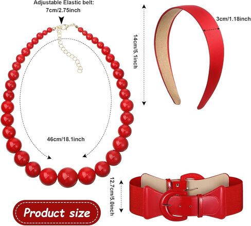Jutom 5 Pcs Halloween 60s Costume Accessories Set, Copper Red Wig Satin Headband Pearl Choker Necklace Earrings Cinch Belt for 60s Cosplay Party in Saudi Arabia