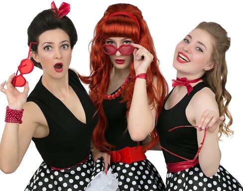 Jutom 5 Pcs Halloween 60s Costume Accessories Set, Copper Red Wig Satin Headband Pearl Choker Necklace Earrings Cinch Belt for 60s Cosplay Party in Saudi Arabia