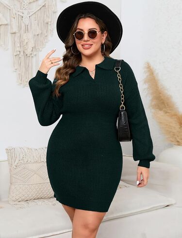 Women Plus Size Sweater Dress V-Neck Long Sleeve Knit Stretchable Elasticity Slim Midi Pullover Sweater Dress in Saudi Arabia