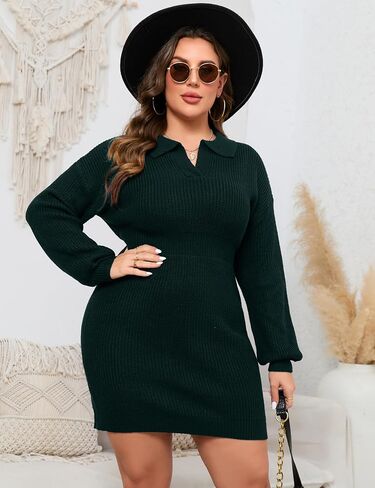 Women Plus Size Sweater Dress V-Neck Long Sleeve Knit Stretchable Elasticity Slim Midi Pullover Sweater Dress in Saudi Arabia