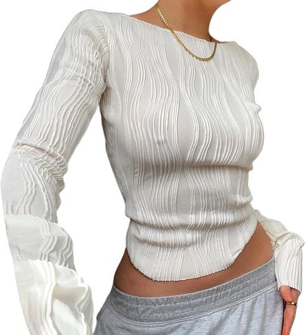 Remidoo Women's Textured Long Sleeve Crewneck Crop Top Slim Fit T Shirt in Saudi Arabia
