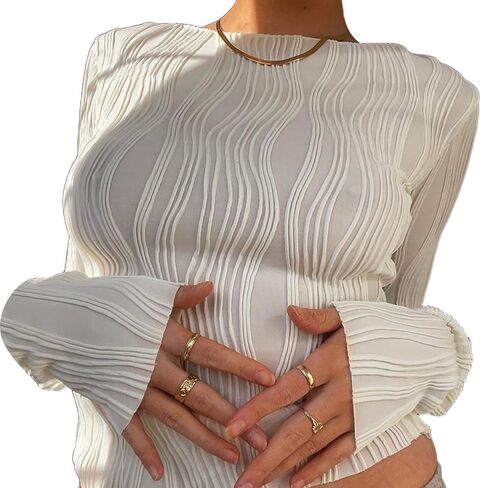 Remidoo Women's Textured Long Sleeve Crewneck Crop Top Slim Fit T Shirt in Saudi Arabia