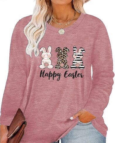 GeLivable Plus Size Happy Easter Funny Cute Bunny Rabbit Graphics Print Shirt Women Long Sleeve Tops in Saudi Arabia